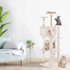 24/7 Shop at Home Court 70 inch Multi-Level Cute Cat Tree Tower with Dangling Ball and Scratching Posts for Indoor Cats Adults, Kitten Supplies, Pet House, Beige