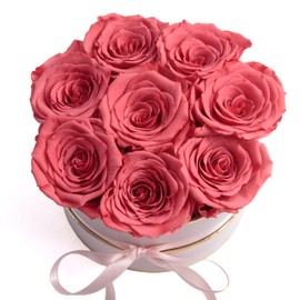 ROSEMARIE SCHULZ Heidelberg Rosenbox rosa rund Infinity Rosen - Flowerbox 8 echte Rosen haltbar 3 Jahre Durchmesser 15 cm - Geschenk für Frauen (Rosa-Korall)