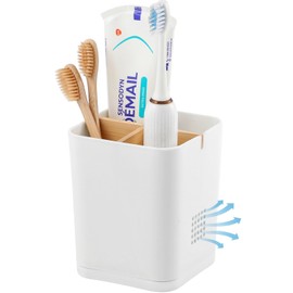 Electric Toothbrush Holder 3 Slots Tooth Brushing Holder with Bamboo Dividers for Bathrooms, Plastic Toothbrush and Toothpaste Organizer for Shower, Countertop, Vanity, White
