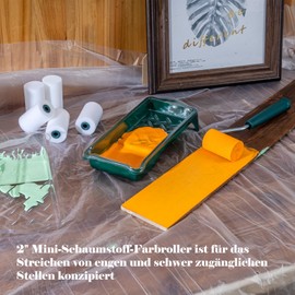Mini Foam Paint Roller, 5 cm Foam Paint Roller, Mister Rui Foam Paint Roller Set, 5 cm Foam Paint Roller Cover x 6, Paint Roller Stand x 1, Paint Tray x 1, Bath Insert x 2, Cover Film