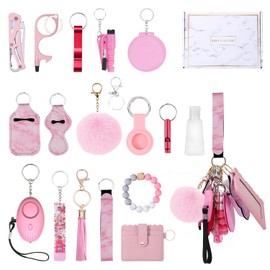 Juego de llaveros de seguridad mejorados para mujeres, llavero con correa de muñeca con alarmas personales, espejo, abrebotellas, pompones, silbato, etc. (Rosa 18 piezas), Rosado, M