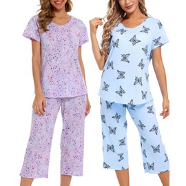 ENJOYNIGHT 2 Packs Womens Cotton Pajama Sets Short Sleeve Top with Capri Pants Sleepwear Summer Pjs (Large, BL-Fly+PU)