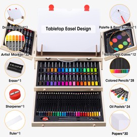 Art Supplies, Wooden Art Set Crafts Kit with Drawing Easel, Deluxe Kids Art Set, Oil Pastels, Colored Pencils, Watercolor Cakes, Creative Gift for Kids, Teens, Beginners Girls Boys