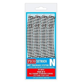 Peco N Gauge 2nd Radius Code 80 Track (Pack of 8) 9mm Rail Gauge