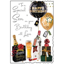 Son Birthday Card Gold and Black Gifts and Balloons