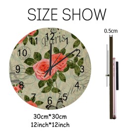 Vintage Pink Roses Flowers Wooden Wall Clock Silent Sweep Non Ticking Quality Quartz Battery Operated Round Easy to Read 12 Inch Large Wall Clock Decorative for Living Room Bedroom Office Classroom