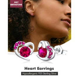 DAYBYDAY Sterling Silver Ruby Heart Earrings Dainty Red Stone Heart Stud Earrings for Women July Birthstone Earrings