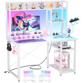 Cyclysio Gaming Desk with Hutch, 39'' Computer Desk with LED Lights & Power Outlets, Home Office Desk with Reversible 5 Tiers Storage Shelves & Monitor Stand, Small Gaming Table for Small Space, White