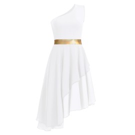 ZYACTU Women's Praise Dance Dress One Shoulder Liturgical Worship Overlays Dress Irregular Hem Lyrical Dancewear Tag XL-White