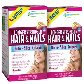 Applied Nutrition Longer Stronger Hair & Nails - 60 Liquid Soft-Gels, Pack of 2 - Biotin, Silica & Collagen - 60 Servings