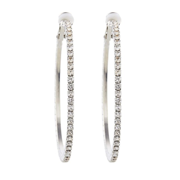 Clip On Earrings - Silver Plated Hoops With Clear Crystals
