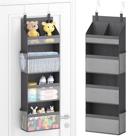 Lifewit 4-Tier Door Organiser Hanging for Nappies and Stuffed Animals, Large Hanging Organiser with 4 Mesh Pockets, Sturdy Door Shelf for Children's Room, Wardrobe, Pantry, 108.5 cm (H), Grey