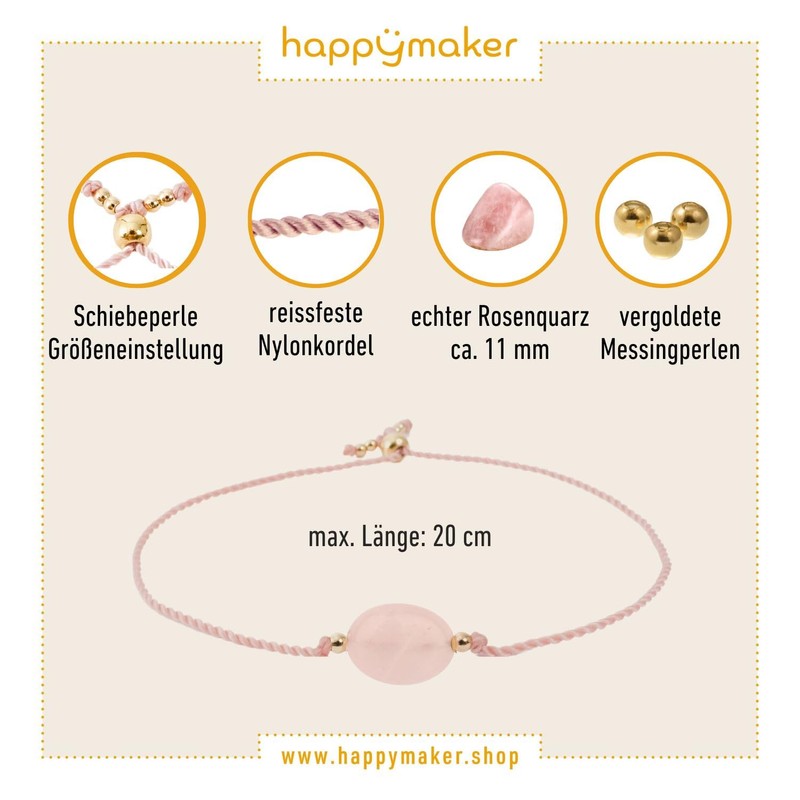 happymaker - Rosenquarz Armband Damen, handgemacht Edelstein Wickelarmband rosa mit