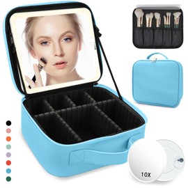 Travel Makeup Bag for Makeup Artists Large Makeup Case,with Mirror 3 Color Setting and Detachable 10x Magnifying Mirror Travel Makeup Bag,Portable Storage and Adjustable Dividers（blue）