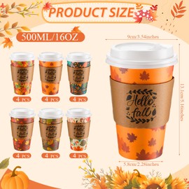 Sunnychicc 24 Set Fall Disposable Coffee Cups with Lids and Sleeves 16oz Maple Leaves Paper Cups Beverage Drinking Cup Thanksgiving Harvest Autumn Party Restaurant Travel Business Supplies 6 Styles