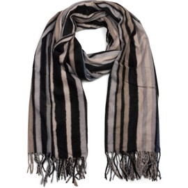 styleBREAKER Unisex Scarf with Colourful Striped Pattern and Long Fringes, Colour Blocking, Winter, Stole 01017113, Grey/Beige/Blue