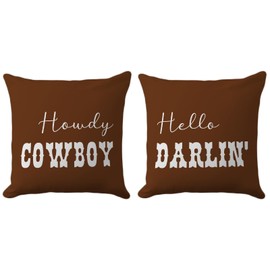 CarOptics Set of 2 Western Funny Couple Pillow Covers 18x18 Inch - 'Howdy Cowboy' & 'Hello Darlin'' Set of 2, Teen Girls Boys Gifts, Rustic Farmhouse Charm for Various Settings(Brown)