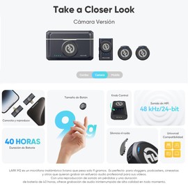 Hollyland Lark M2 Cámara Micrófono De Solapa Inalámbrico para Cámara, Pc, 48 Khz 24 bits, Alcance De 1000 Pies, Cancelación De Ruido, Batería De 30 Horas para Grabación De Video