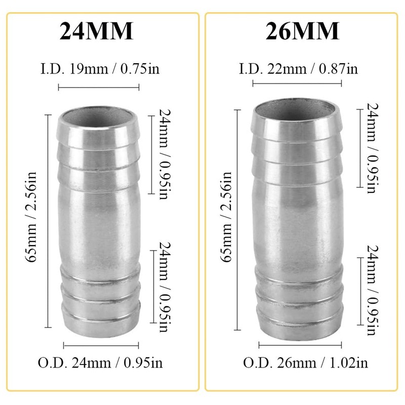24 mm Straight Hose Fitting Made of Stainless Steel, 2-Way