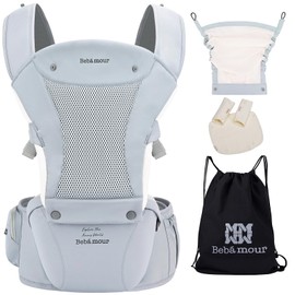 Bebamour Baby Carrier with Hip Seat,All-Position Breathable Mesh Hip Seat & Carrier 0-36Months with Head Hood, 3 PCS Teething Pads, Waist Extender,Storage Bag & Pacifier Case (Blue)