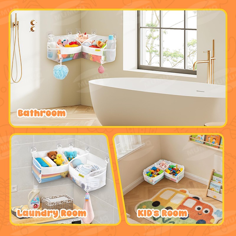 3 Compartments Bath Toy Storage Corner Bath Toy Holder for