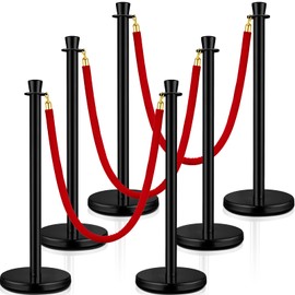 Wesiti 6 Pcs Stainless Steel Stanchion Post Queue with Crown Top 5 ft and 3 Pcs Velvet Rope and Poles Crowd Control Barriers Sand Injection Hollow Base and Velvet Ropes Set for Party (Black, Red)