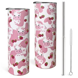 Ceovfoi Strawberry Cow Tumbler,Strawberry festival Cup,20 Oz Skinny Tumbler with Lid and Straw,Strawberry Decor,Strawberry Accessories，Birthday Gifts for Women