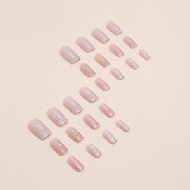 Square Press on Nails Short Fake Nails Pink Bling Glitter False Nails with Aurora Designs Full Cover Acrylic Nails Stick on Nails Nude Glossy Glue on Nails for Women Nails Manicure 24Pcs