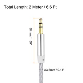 MECCANIXITY 2 Pack Aux Cable 3.5mm Male to Male Nylon Braided Cord 6.6Ft 3 Pole Stereo Sound Auxiliary Cable Silver for Earphones, Smart Phones, Home/Car Stereos, Speakers, Computers