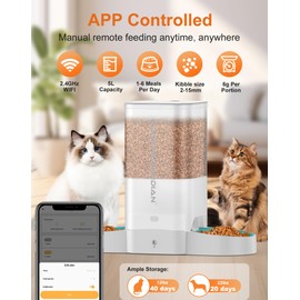 HoneyGuaridan 5L Automatic Cat Feeder for Two Cats, 2.4G WiFi Enabled Smart Feed Pet Feeder with Slow Feeder Bowl,APP Control Dispenser, Dual Power Supply,Desiccant Bag,10s Meal Call White