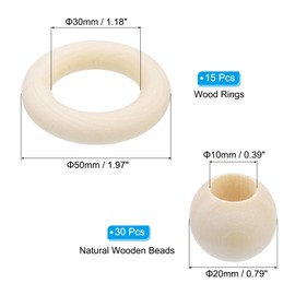 PATIKIL Natural Wood Rings and Unfinished Wooden Beads Set, 15Pcs 50mm Wood Hoop & 30Pcs 20mm Wood Color Round Loose Beads for DIY Pendant Connectors Jewelry Making Macrame Wall