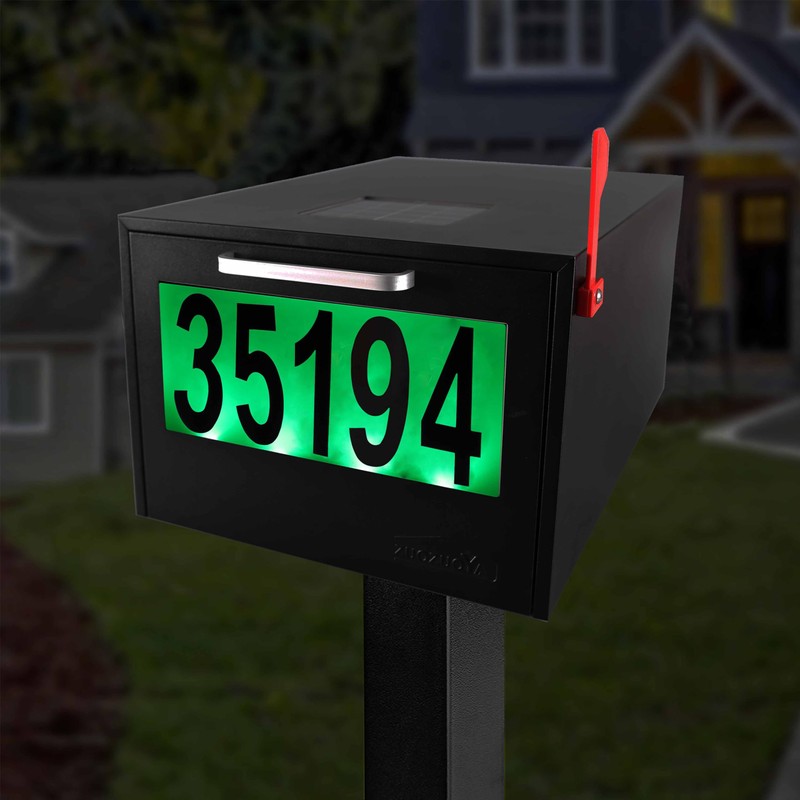 Black Post Mount Mailbox - 2 Lighting Modes Solar Numbers