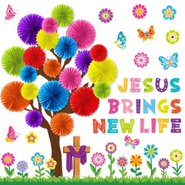 Gersoniel 76 Pcs Christian Spring Classroom Bulletin Board Set 3D DIY Paper Fans Flower Tree Bulletin Board Jesus Brings New Life Cutouts Religious Cross Wall Decor for Spring Easter VBS Sunday School