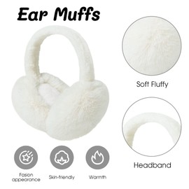 Ear Muffs for Women, Foldable Winter Faux Furry Earmuffs, Adjustable Soft Ear Warmer Covers, A-White