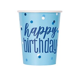 Unique 83598EU - Plastic Free Paper Cups - 266 ml - Glitz Blue & Silver Birthday Party - 8 Count (Pack of 1)