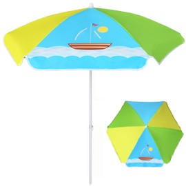 AMMSUN 5ft Seaside Umbrella for Sand and Water Table - Kids Durable Umbrellas for children Beach Camping Garden Outdoor Play Shade (5ft Green Yellow Boat)