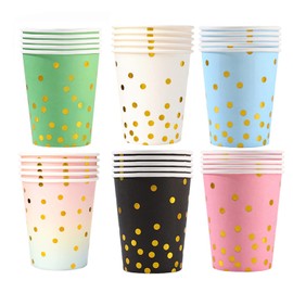 Pack of 60 Disposable Cups, Gold Dot Party Cups, Colourful Party Cups, Paper Cups, Gold Dot, Drinking Cups, for Party Supplies, Birthday, Wedding, Hot and Cold Drinks, 250 ml (Mixed Colour)
