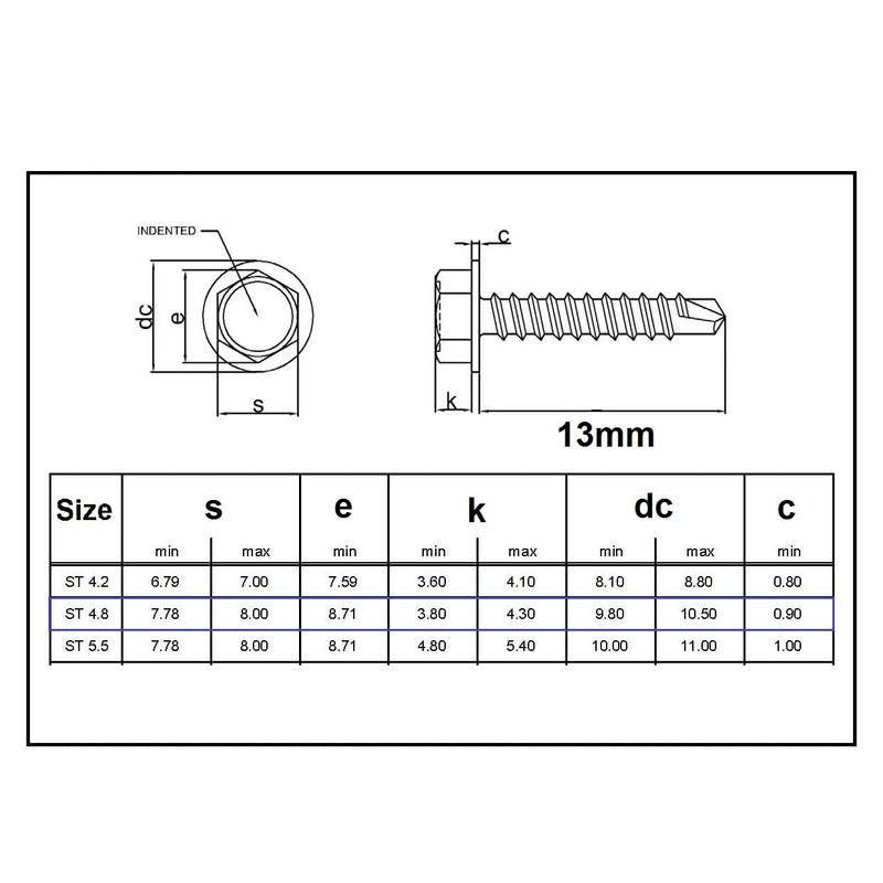 TERF 4.8 X 13mm Hex Washer Head Self Drilling Point