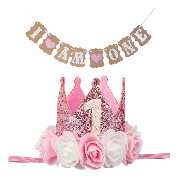KufaerBeam First Birthday Crown Hat and Birthday Flag for Baby