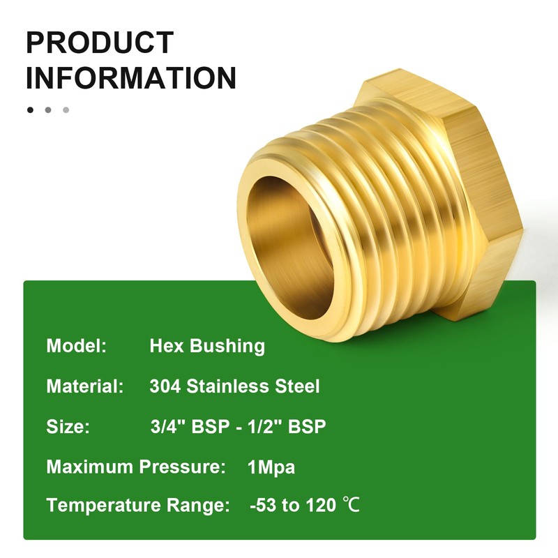 TAISHER 5 Pcs Brass Reducer Hex Bushing Threaded Pipe Fitting