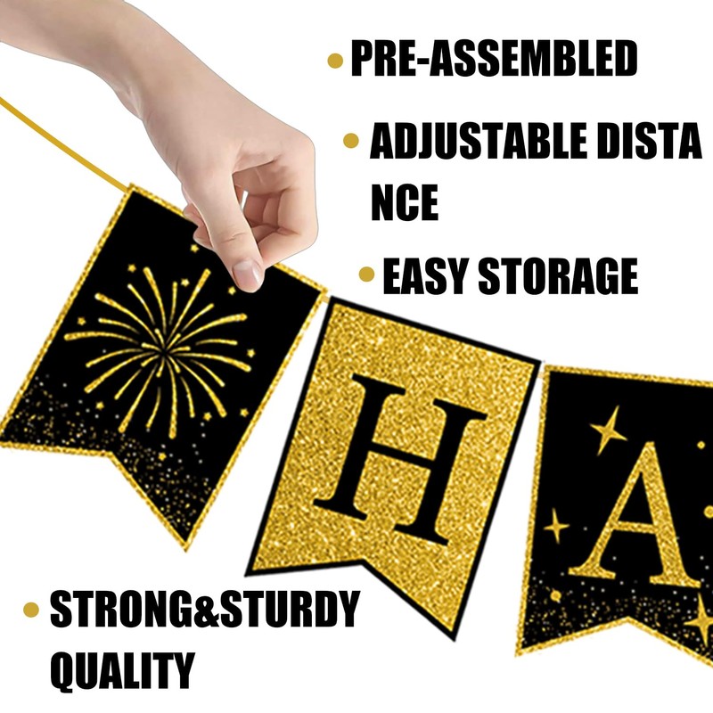 Happy New Year Banner Decorations Pre Assembled Glitter Gold Black