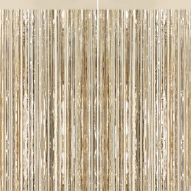2Pack Champagne Gold Foil Fringe Backdrop Curtains, Tinsel Door Streamers, Fringe Backdrop for Graduation New Years Eve, Graduation, Birthday, Wedding, Baby Shower, Gender Reveal, Disco Party Decors
