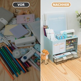 RISEMART Desk Organiser with 3 Drawers, Multifunctional Pen Holder for Desk, Desk Organiser and Storage with 5 Compartments, Desk Organiser for Office, Home, Blue