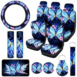 Frienda - 15 Cubiertas de Asiento de Coche Fundas para Asientos Traseros Funda para Volante Correa para Muñeca Posavasos Almohadilla de Reposabrazos Hombros (Estilo Mariposa Azul Artístico)