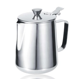 Milk Jug with Lid, 600 ml/1000 ml, Milk Frothing Jug, Stainless Steel Milk Jug, Milk Frothing Jug with Handle for Latte Coffee, Item No. (1000 ml)