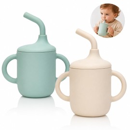 2 Pack Vaso Entrenador para Bebé con Popote, Vaso de Silicona Grado Alimenticio con Doble Asa y Válvula Anti-derrames Total, Sin BPA, Diseño a Prueba 