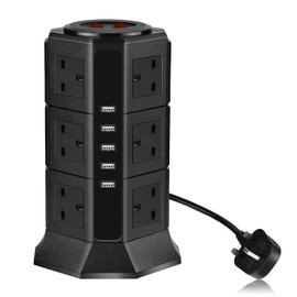 YUTUKI Extension Lead PRITEK 12 Way Outlets 1000J Surge Protector Vertical Power Strip with 5 USB Charging Ports 10A/2500W Overload Protection Extension Socket with 6.5ft Extension Cord (Black)