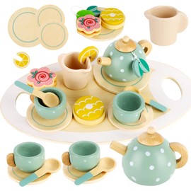 Prmape Children's Wooden Tea Set Wooden Toy Children's Kitchen Accessories Tableware Toy Kitchen Accessories Wooden Children's Kitchen Play Kitchen Accessories Role Play Children Gift for Girls Boys