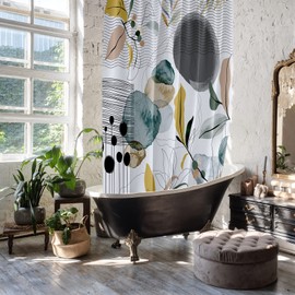 YAEHOCO Boho Fabric Shower Curtain Mid Century Shower Curtain Set Royal Blue Gray Black Yellow Leaves Plant Modern Minimalist Bathroom Decor Waterproof Shower Curtains with Hooks, 72" x 72