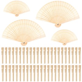 FEPITO 50 Pieces Wooden Handheld Paper Fan Wooden Folding Fans with Bamboos for Wedding Gift, Party, Home